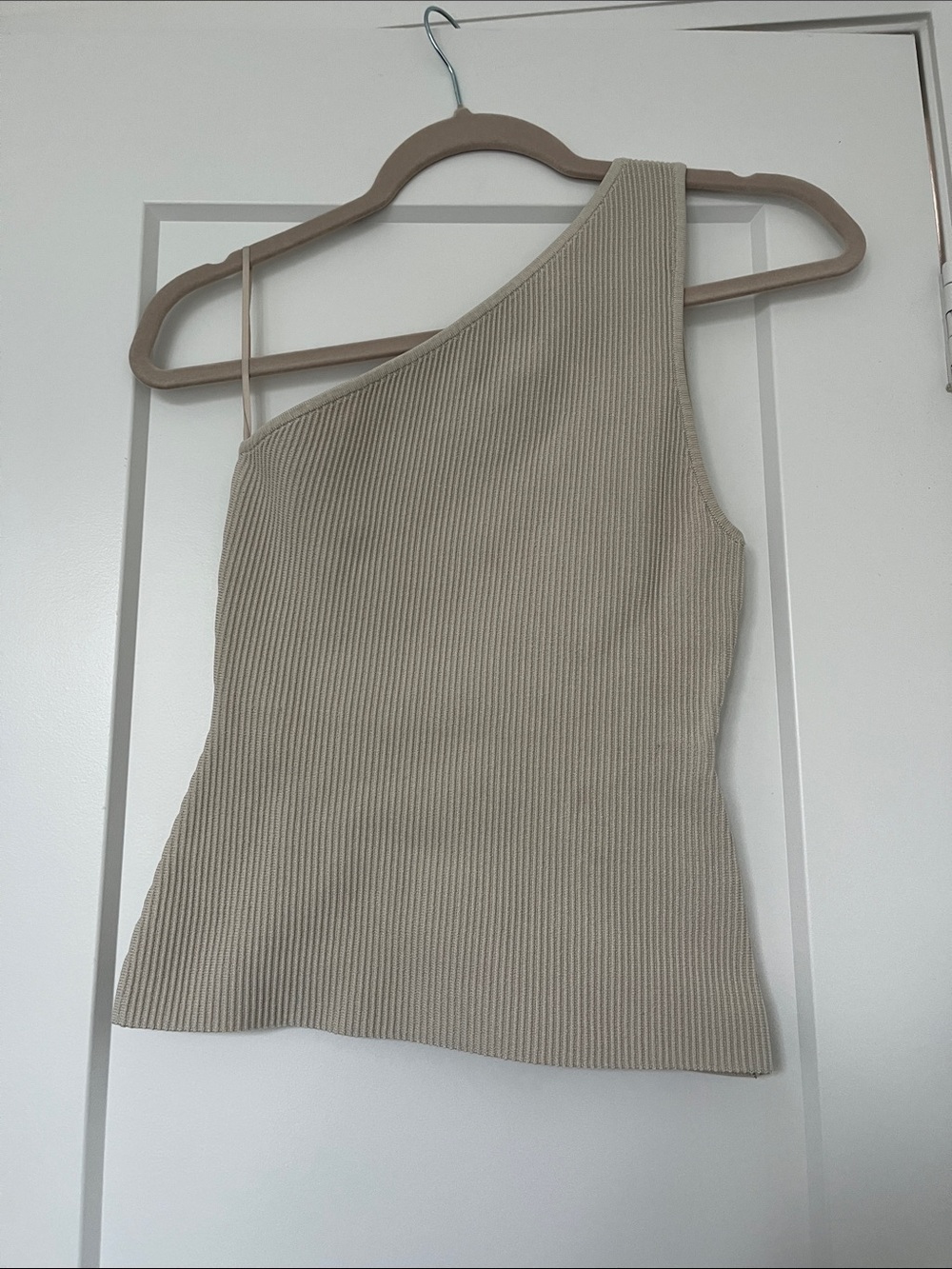 Aritzia One-Shoulder Ribbed Knit Top in Beige